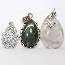 Bundle of 3 Sterling Silver Quartz, Labradorite, And CZ Pendants