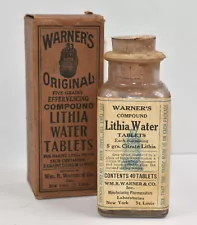 Antique Warners Original Lithia Water Tablets Glass Bottle in Original Box