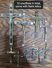 Vintage Religious Saint Relics 10 Crucifixes Catholic Pendant Medals Ebony #A