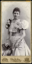 antique Cabinet Card, pretty girl w flowers, necklace, fan, 1890's