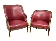 Pair of Antique Mahogany & Leather Ladies & Gents Arm Chairs Brass Motifs.