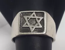 Jewish Star of David Sterling Silver Signet Ring Inset Symbol Sz 10.75 Vtg