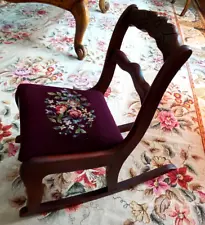 Children's Vintage Duncan Phyfe Rose Mahogany Rocking Chair Needlepoint Seat