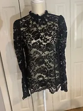 ADIVA Women's Black Sheer Lace Long Sleeve Shirt Size Medium