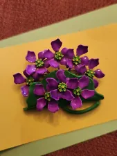 Vintage Enamel Violet Pink Flower Bouquet Pin Retro Green Leaves Brooch
