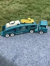 Vintage Structo Auto Hauler Ramp Truck Car Carrier Teal Green W/3 Vehicles