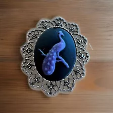 Silver Tone Purple Peacock Cameo Brooch