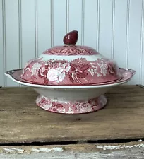 Vintage Woodsware Red Transferware English Scenery Footed Covered Vegetable Dish