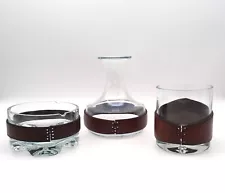 RARE MID CENTURY GLASS & LEATHER SET ASHTRAY CARAFE BOWL BY J. ADNET FOR LUMAX