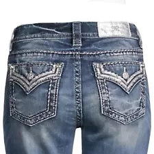 Miss Me Jeans Mid Rise Faux Flap Rhinestone Easy Straight Cuffed Stretch Jean