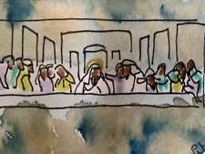 2.5 x 3.5 inches, ACEO watercolor painting by PJ, last supper