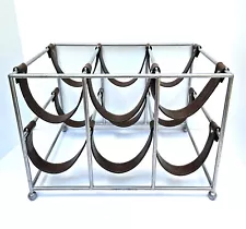 Silver Metal and Brown Leather Six Bottle Table or Counter Top Wine Rack