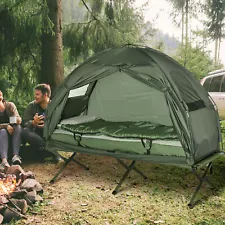 Outdoor 1-person Folding Tent Elevated Camping Cot w/Air Mattress Sleeping Bag