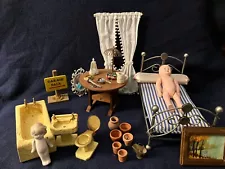 Miniature Estate Sale Bathroom Set, Bed, Pots, Painting plus more