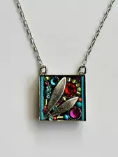 Firefly Crystal Mosaic Square Pendant Necklace Silver Tone Pink Red Blue