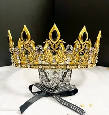 Gold King Crown for Men's, Black Sapphire Crystal Crown, Royal Prince Diadem