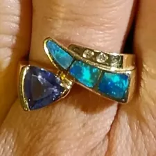 14k Yellow Gold Natural AAA Tanzanite Inlaid Black Opal Diamond Ring Sz 7 6.6g