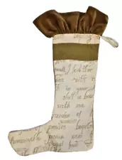 Ballard Designs Christmas STOCKING Gold Tan Cream Velvet Burlap Cursive USA