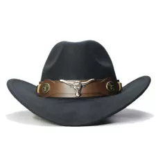 Western Cowboy Hat Cowgirl Cap Wide Brim with Bull Skull Belt for Women and Men