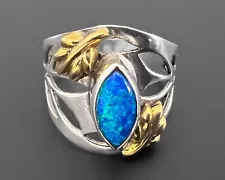 Vtg Round Blue Fire Opal Gold Leaf Wide Chunky Sterling Silver Statement Ring