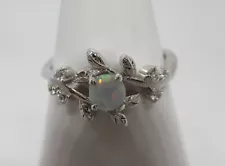 SALE - 925 Sterling Silver, Plated Platinum, Vine and Opal Ring - Size L