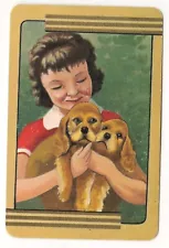 VINTAGE COLES SWAP CARD UN-NAMED YOUNG GIRL WITH COCKER SPANIEL PUPPY DOGS