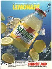 1986 Gatorade Vtg Print Ad, Lemonade Glass Bottle Sports Drink Lemons Ice Thirst