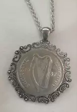 Unique Paisley Swirled Rim Etched Irish Coin with Harp Silvertn Pendant Necklace