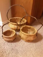 3 Rare Coconut Husk Fiber Baskets With Natural Vine Handles Made In Philippines