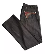 Y2K Robins Jeans Size38 Black Denim Red Studded Long Flap W keychain StyleBD5687