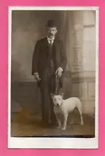 White English Bull Terrier Dog Man Rare Social History Studio Photo Postcard