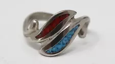 Vintage Southwestern Crushed Turquoise Coral Sterling Silver Ring Size 5.75