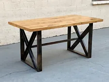 Custom Dining Table with Burnt Golden Patina and Reclaimed Plank Wood Top