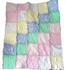 Handmade Baby RAG QUILT Crib Flannel Blanket Pink Yellow Blue Green 44" x 34"