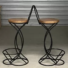 Vintage Pair Of Custom Made Wrought Iron Abstract Circle Bar Stools Modernist