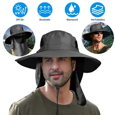 Wide Brim Sun Hat with Neck Flap UV Protection Hiking Fishing Cap for Men Women