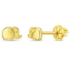 14k Yellow Gold Lucky Elephant Screw Back Earrings For Toddler & Little Girls