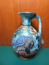 4.5" Greek Museum Replica Pitcher Vase Hand Painted Blue Lead Hanging Tag Ewer