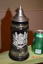 Bayern Rampant Lions German Beer Stein, Relief Crest, Handpainted, Pewter Lid