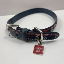 COACH DOG COLLAR Blue Leather & Plaid Tweed Size Medium Charm FITS 13.5 - 16.5