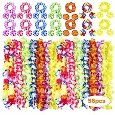 56 Counts Hawaiian Leis Luau Party Supplies of Elastic Flowers Necklaces Headb