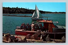 Maine Lobster Fisherman Loading Boat with Lobster Pots, Sailboat ME Vintage