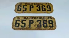 PAIR 1940 California License Plate Tag DMV CLEARED Yellow Set 65P369