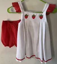 Pinafore Dress-sz 6-Matching Bloomers-STRAWBERRIES-APPLIQUÉ-Flutter Sleeves-lace