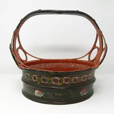 Vtg Asian Wedding Basket Container Wooden Painted Bamboo Black Red Flowers