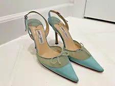 Jimmy Choo Tiffany silk Tiffany Blue Slingback Heels sz 39, rhinestone buckle