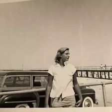 Blond w/ old car woody Station Wagon 1952 FOUND B&W PHOTOGRAPH Original OOAK