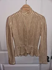 Ralph Lauren Linen Striped Peasant Victorian Blouse Size Beige Red Button Down