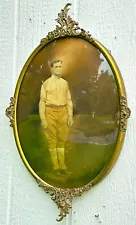 Antique Large Metal Dome Bubble Glass Picture Photo Frame Victorian Young Man