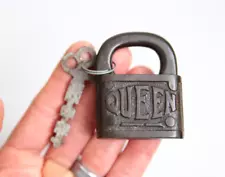 Vintage Queen Padlock Antique Victorian Lock w/ Key RARE steamer trunk safe box